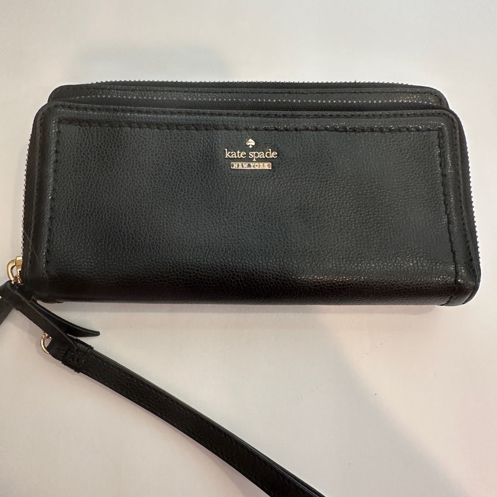 Kate Spade NY Patterson Drive Anita Black Leather Wristlet Clutch Double Zip EUC
